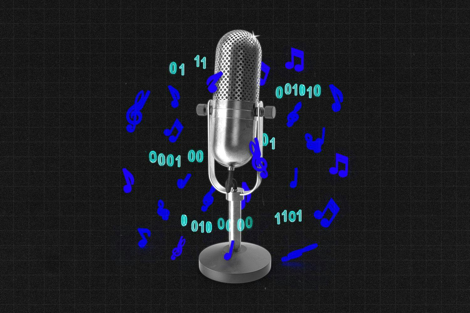 Microphone surrounded by floating music notes and binary code.