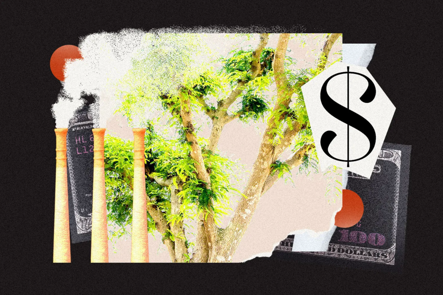 Carbon credits with smokestacks, trees, money, dollar signs, and big corporations