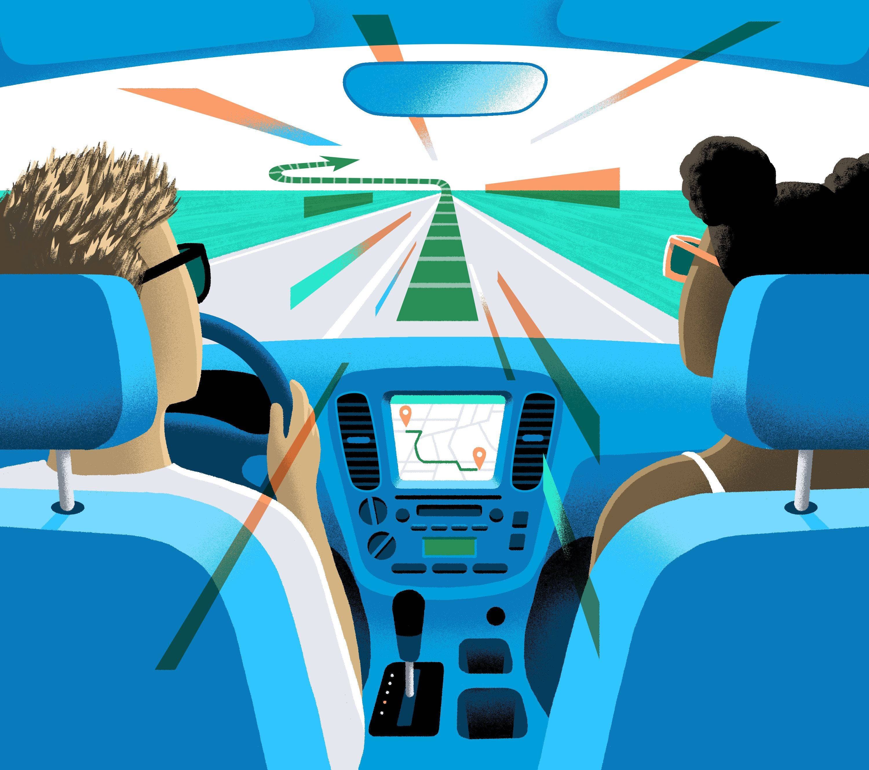 View from the back seat of a car, two people sitting in the drivers and the passenger seats are navigating using an old-school GPS system. Illustration.